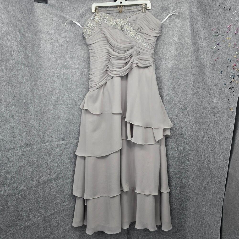 Caterina Collection Womens Grey Beaded Ruched Tiered Ruffle Formal Dress Size 12 - Picture 3 of 15